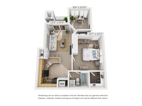 a stylized floor plan with a bedroom and a living room